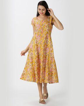 floral print cotton a-line dress with tie-up