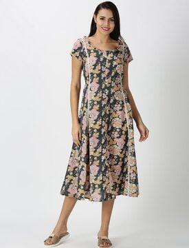 floral print cotton a-line dress with tie-up