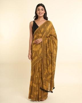 floral print cotton blend saree with tassels