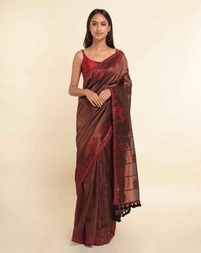 floral print cotton blend saree with tassels