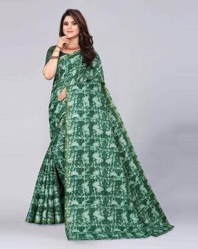floral print cotton blend silk saree with blouse piece