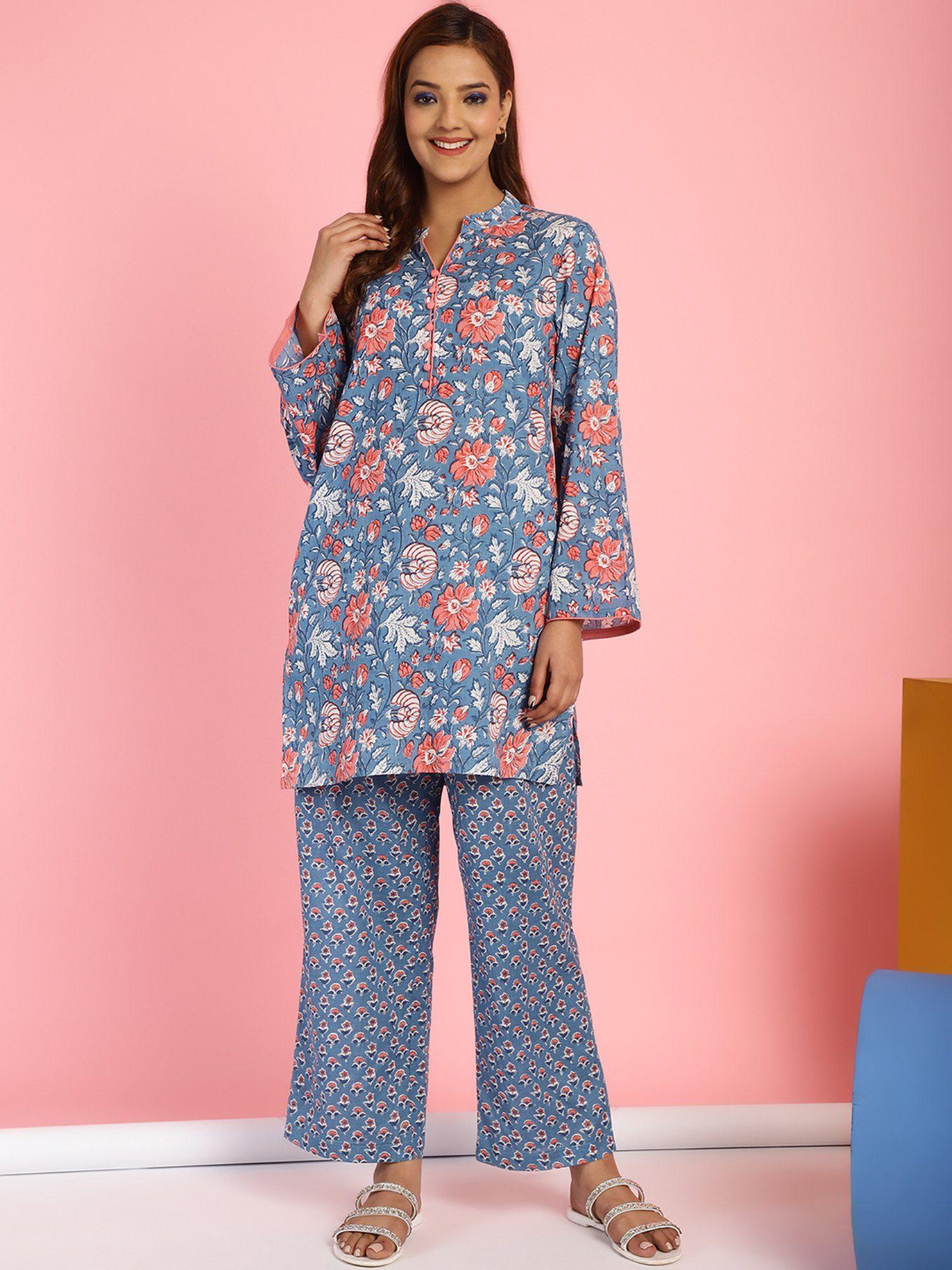 floral print cotton blue top & pyjama (set of 2)