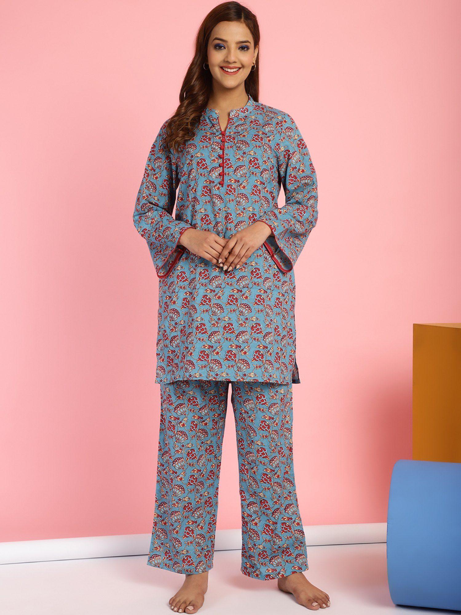 floral print cotton blue top & pyjama (set of 2)