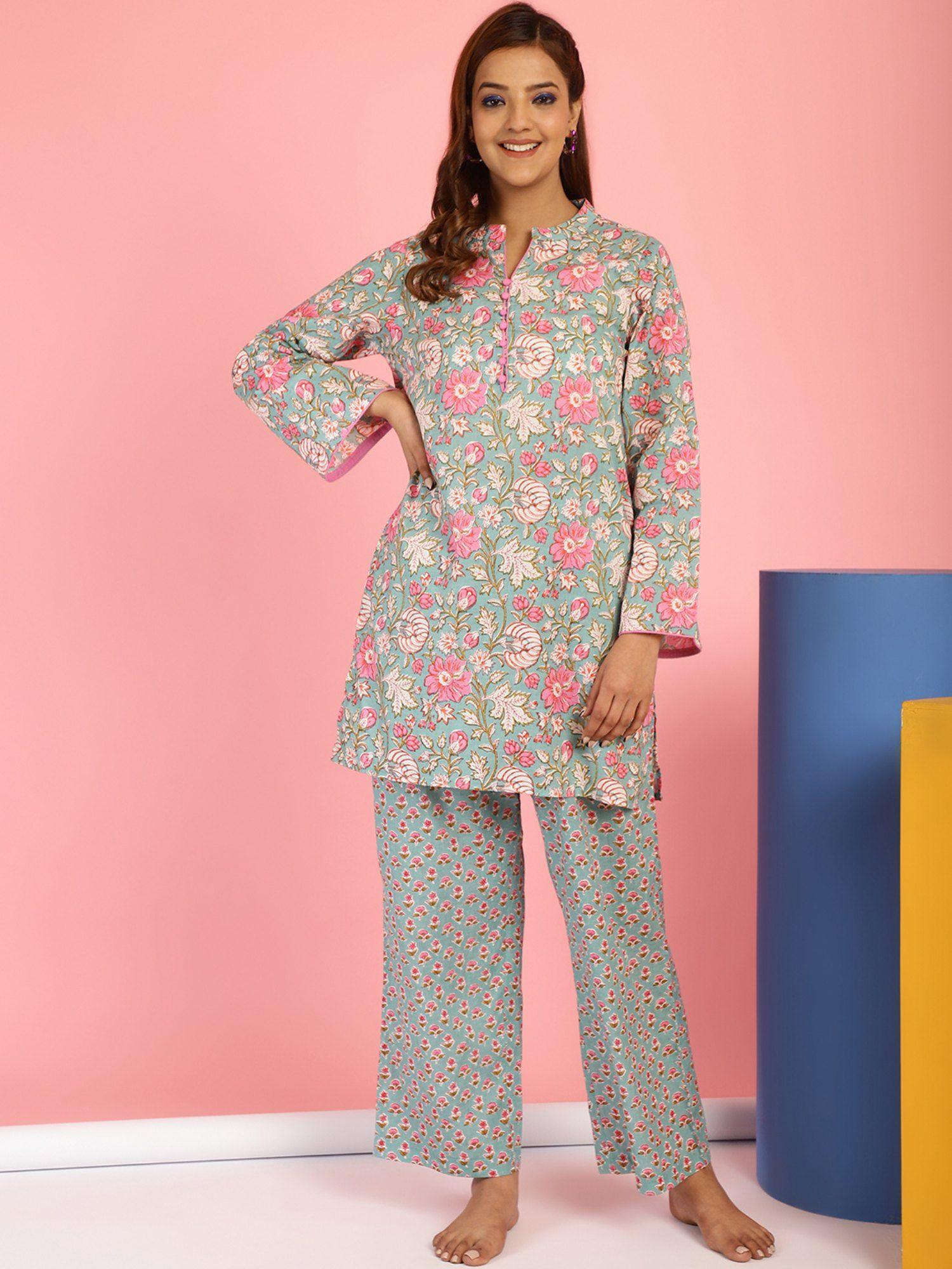 floral print cotton blue top & pyjama (set of 2)