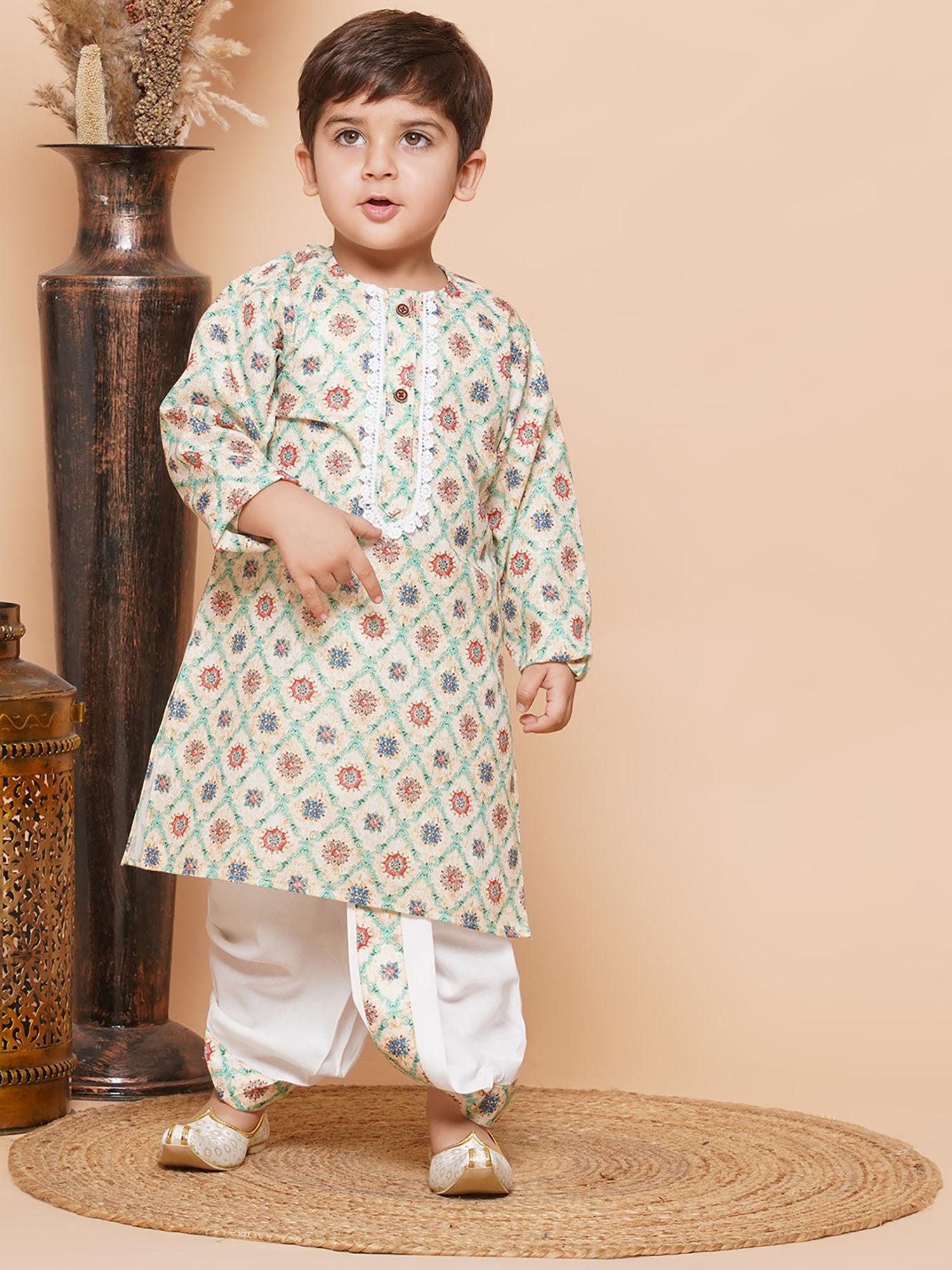 floral print cotton dhoti kurta for boys - multi-color (set of 2)