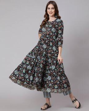 floral print cotton flared kurta set