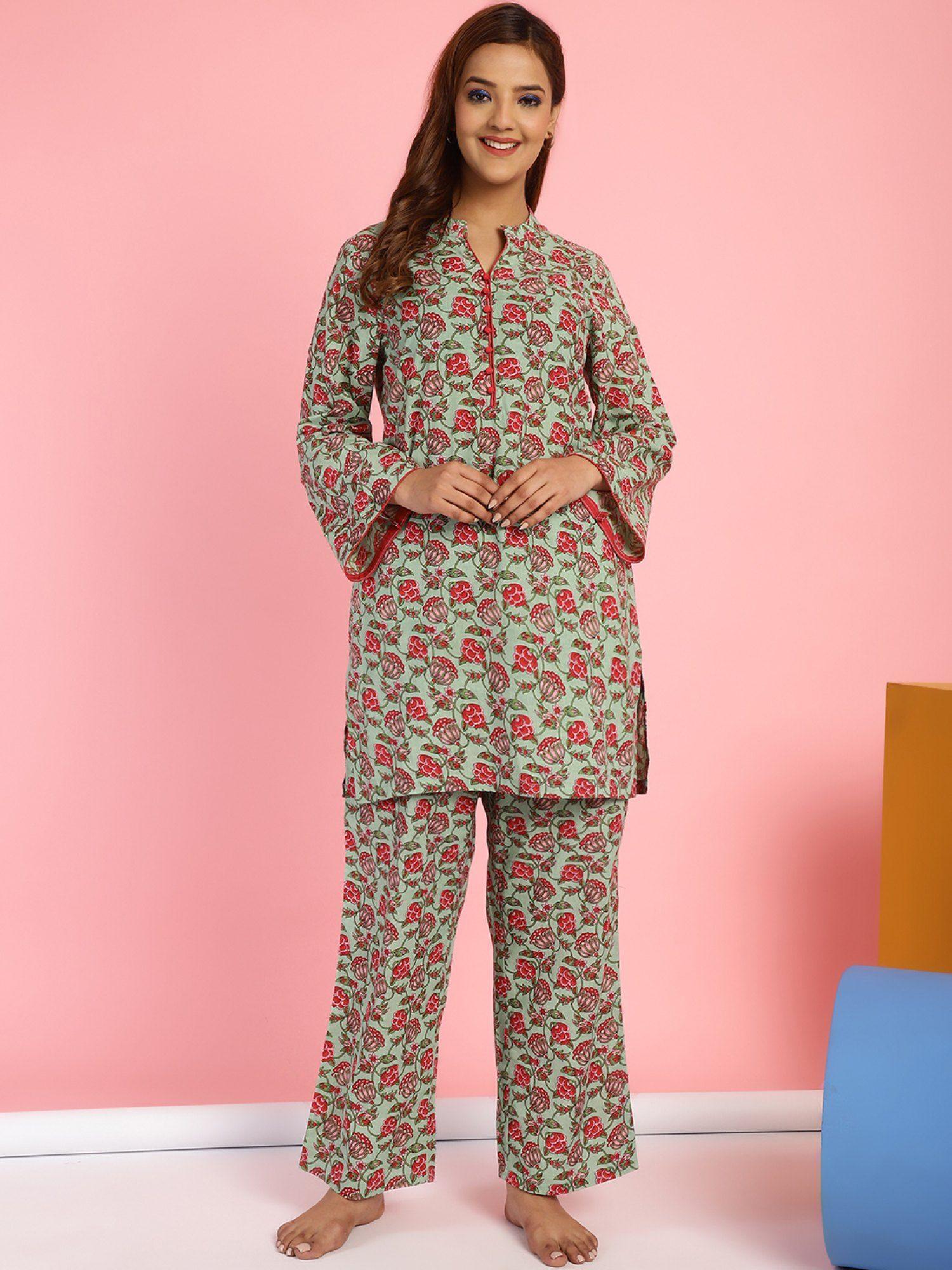 floral print cotton green top & pyjama (set of 2)