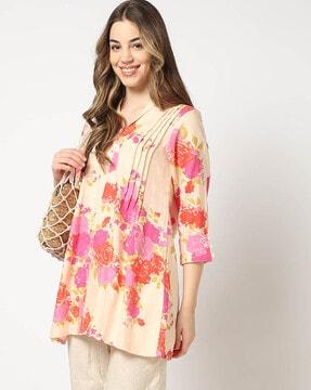 floral print cotton linen a-line tunic