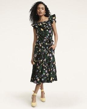 floral print cotton off-shoulder fit & flare dress