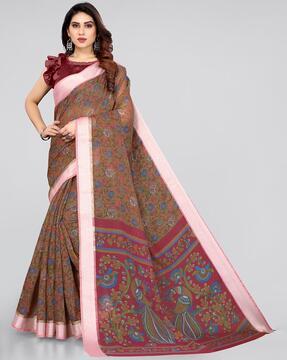 floral print cotton saree with contrast pallu