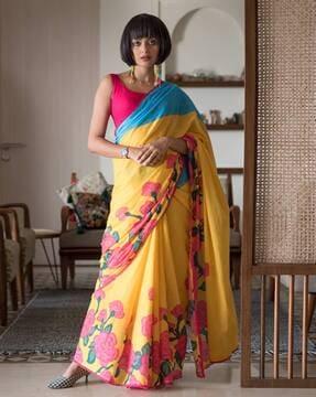 floral print cotton saree with lace border