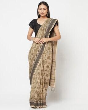 floral print cotton saree with tassels