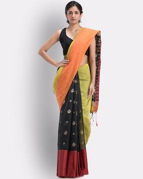 floral print cotton saree with tassels