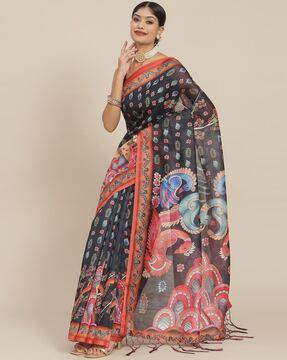 floral print cotton saree with tassels