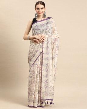 floral print cotton saree with tassels