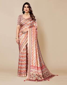 floral print cotton saree with tassels