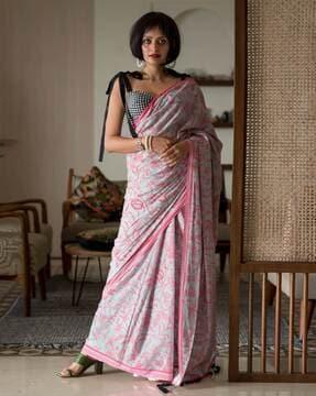 floral print cotton saree with tassels