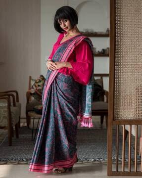 floral print cotton saree with tassels