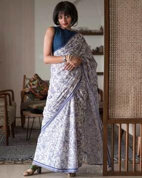 floral print cotton saree with tassels