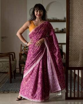 floral print cotton saree with tassels