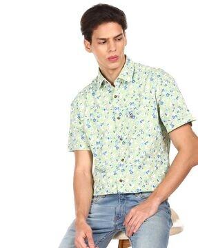 floral print cotton shirt with patch pocket