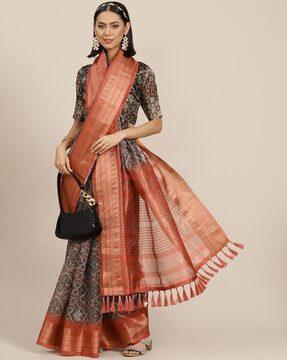 floral print cotton silk saree with tassels