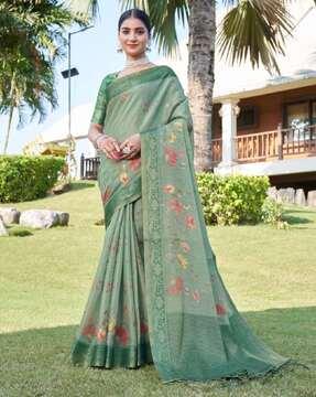floral print cotton silk saree with tassels