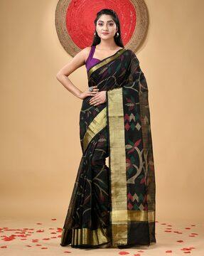 floral print cotton silk saree with tassels