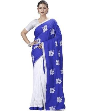 floral print cotton tant saree with lace border