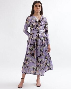 floral print cowl-neck fit & flare dress