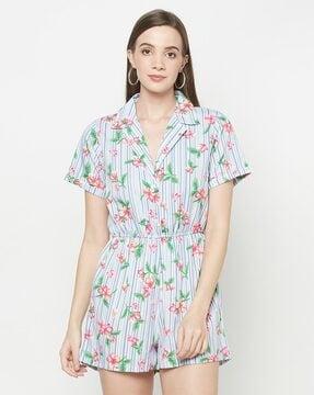 floral print crepe playsuit with lapel collar