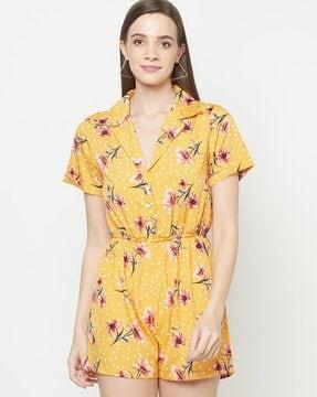 floral print crepe playsuit with lapel collar