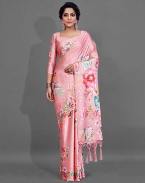 floral print crepe saree with tassels