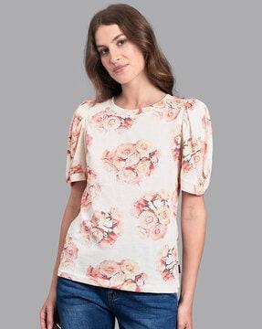 floral print crew-neck t-shirt with puff sleeves