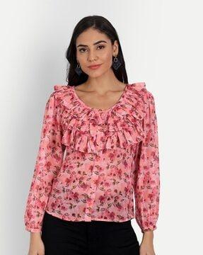 floral print crew-neck top with ruffle