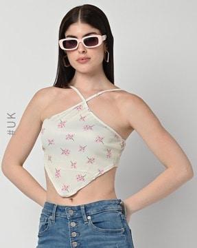 floral print crop top with halter-neck