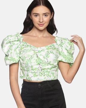 floral print crop top with puff sleeves