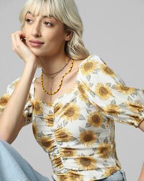 floral print crop top with puff sleeves