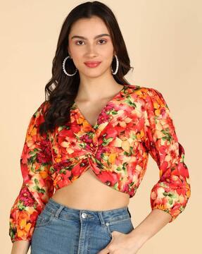 floral print crop top with twisted front-knot