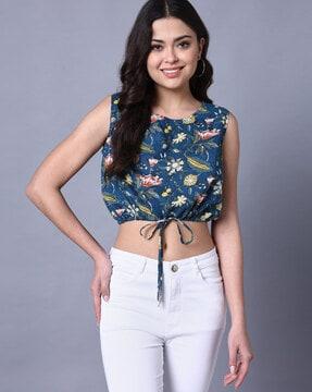 floral print crop top with waist tie-up