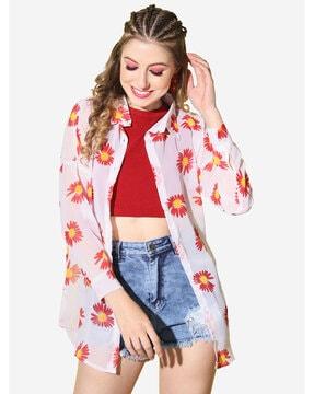 floral print cuffed-sleeves shirt