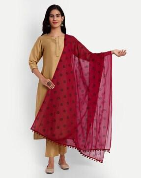 floral print dupatta with pom-pom