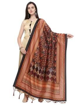 floral print dupatta with tassels