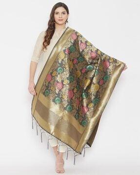 floral print dupatta with tassels