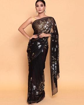 floral print embellished saree with blouse piece