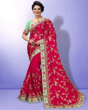 floral print embroidered dupion silk traditional saree