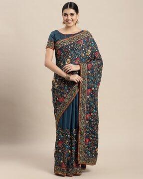 floral print embroidered saree with blouse piece