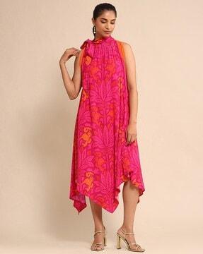 floral print fit & flare asymmetric dress