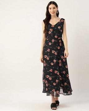 floral print fit & flare dress with back tie-up