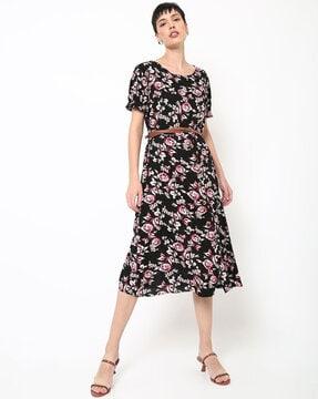 floral print fit & flare dress with belt